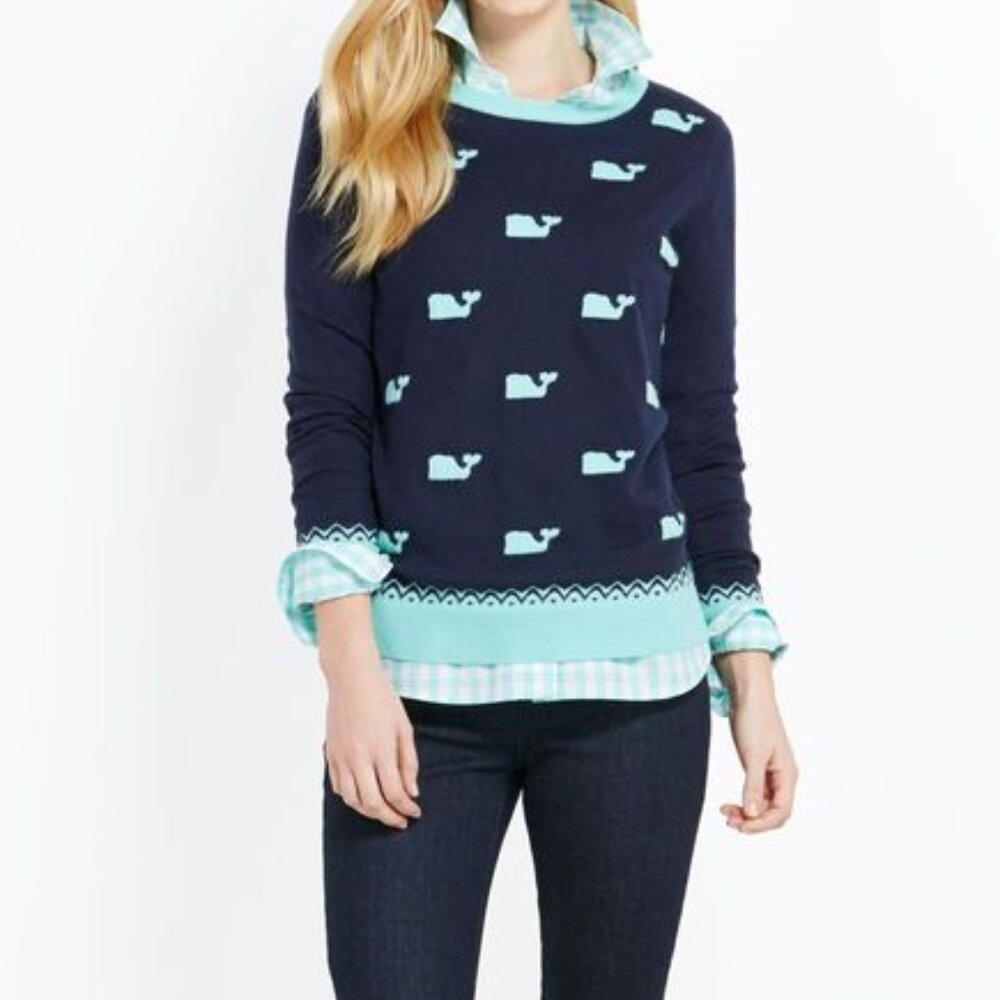 Vineyard Vines Blue Aqua Whale Long Sleeve Sweater EUC sz S